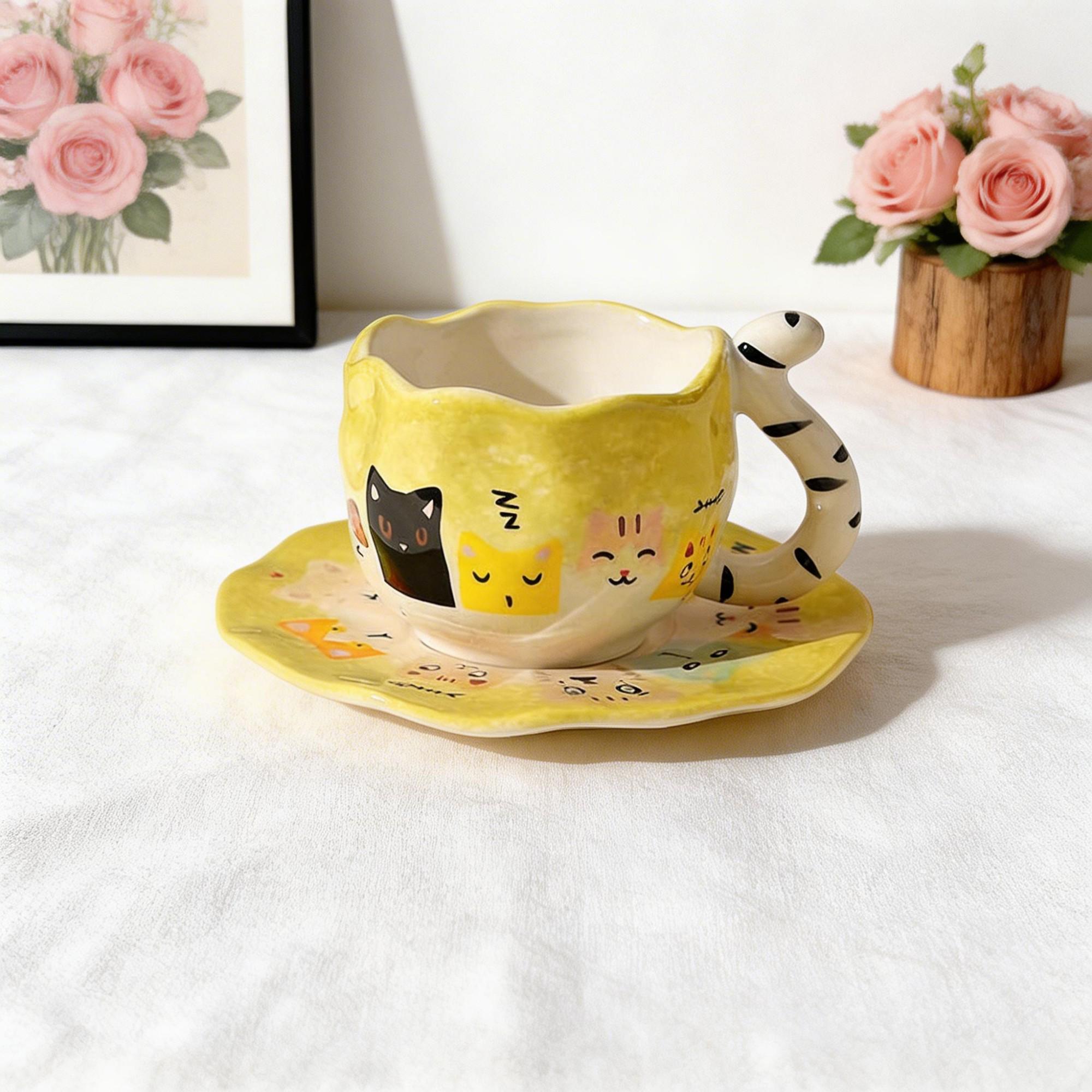 Green Wavy Cat Face Ceramic Coffee Cup & Donut Saucer Set – Striped Cat Tail Handle Design
