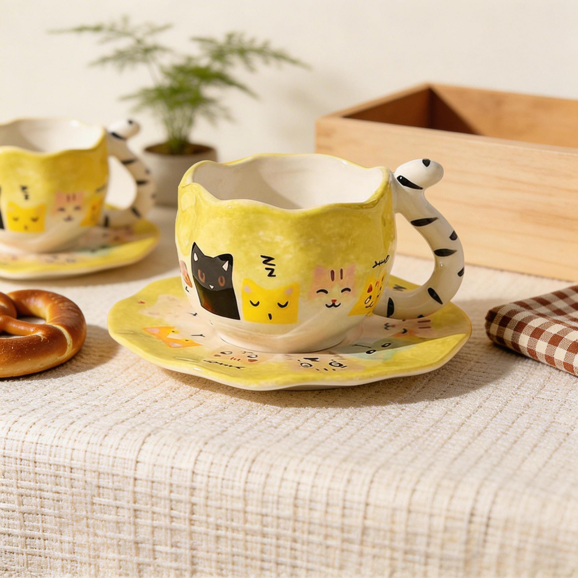Green Wavy Cat Face Ceramic Coffee Cup & Donut Saucer Set – Striped Cat Tail Handle Design - Image 2